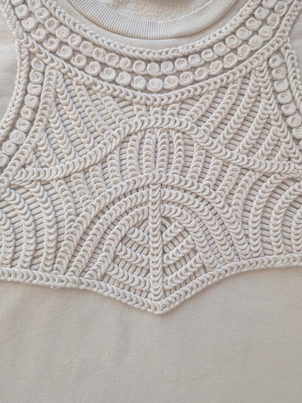 Zara Macrame' Beige Crochet Yoke Boho Pullover Sweatshirt